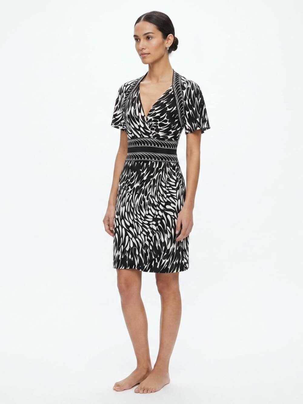 BCBG Black/Combo Faux Wrap Drape Front Stretch Print Dress- Sz. XXS